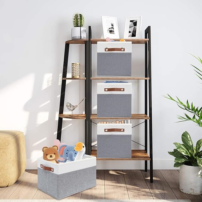 6 Pack Fabric Storage Baskets for Shelves , Closet Storage Bins for Shelves, Fabric Baskets for Organizing with Handles for Home and Office (White with Grey,15" L*10.2" W*9" H)