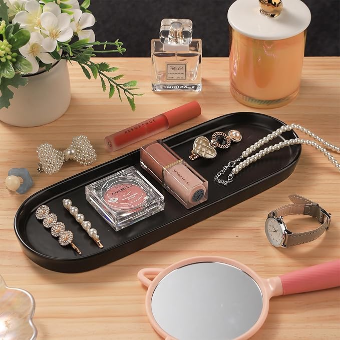 VanEnjoy Black Vanity Tray for Bathroom Counter, Long Narrow Tray Ceramic Tray for Kitchen Counter for Soap Bottles