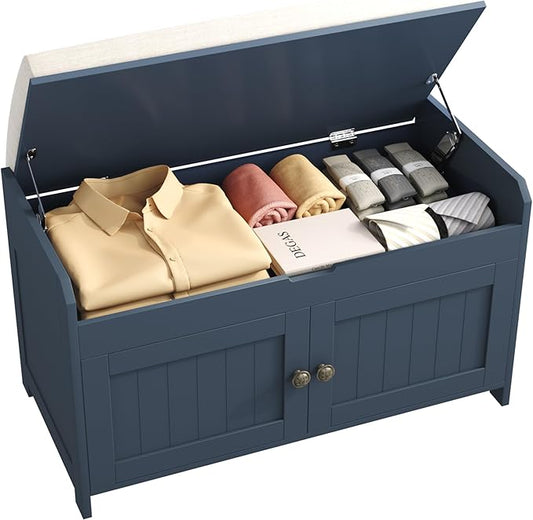 HOMEFORT 30" Shoe Bench with Lift Top Storage, Entryway Bench with Cushioned Seat, Wooden End of Bed Bench, Shoe Cabinet Bench with Hidden Storage Space, for Bedroom, Hallway, Blue