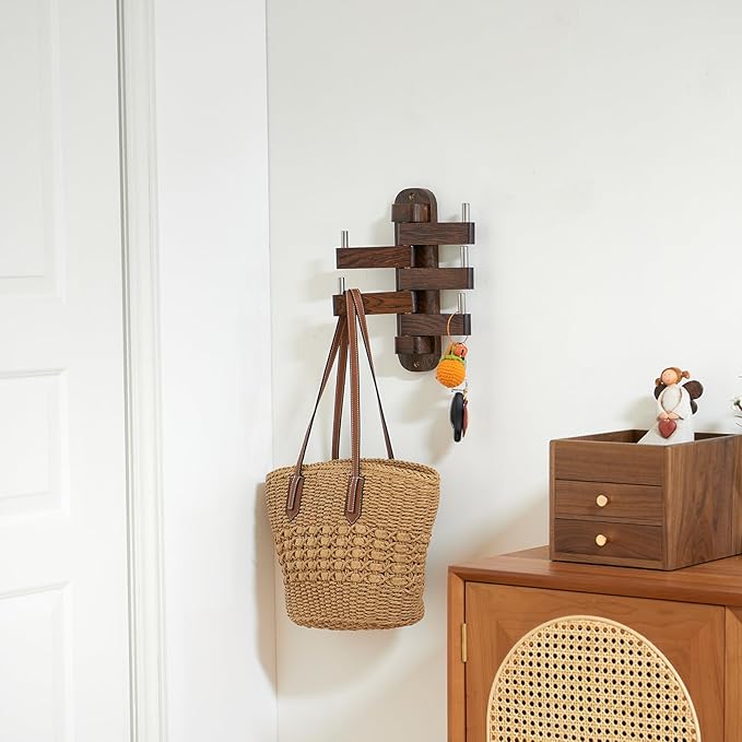 Swivel Coat Rack Oak Coat Hooks, Wood Wall Hooks with 5 Swivel Foldable Arms, 12'' Length Wall Coat Rack Hat Hooks for Bathroom Entryway Bedroom Office Kitchen, Heavy Duty (Walnut)