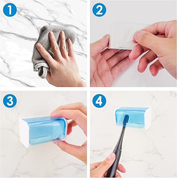 Toothbrush Holder Wall Mounted with Cover for Bathroom, 2 Slots Toothbrush Storage Organizer for Shower, Self Adhesive Toothbrush Hanger Rack for Dorm, Cabinet (Blue)