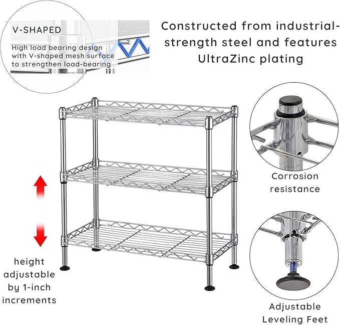 FOXHOLE 3-Tier Steel Metal Storage Rack Wire Shelving for Bathrooms, Closets, Kitchen, Pantry, Adjustable Shelves, Silver Finish, 17.72" L x 7.87" W x 17.72" H