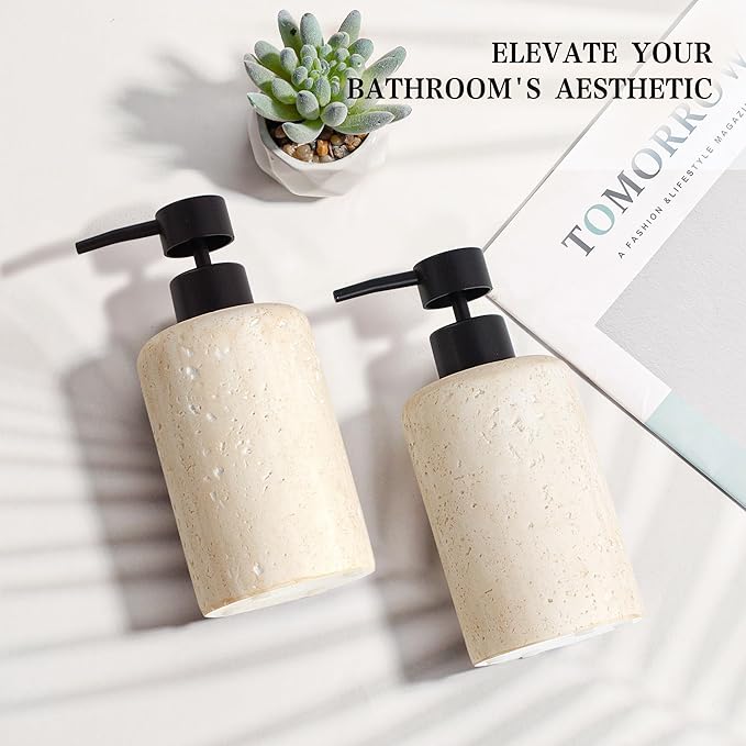 2pcs/Set Hand Soap Dispenser Sets - 10.8oz Refillable Resin Liquid Soap Dispensers with Rust-Proof Pump for Bathroom Countertop or Kitchen, Faux Travertine