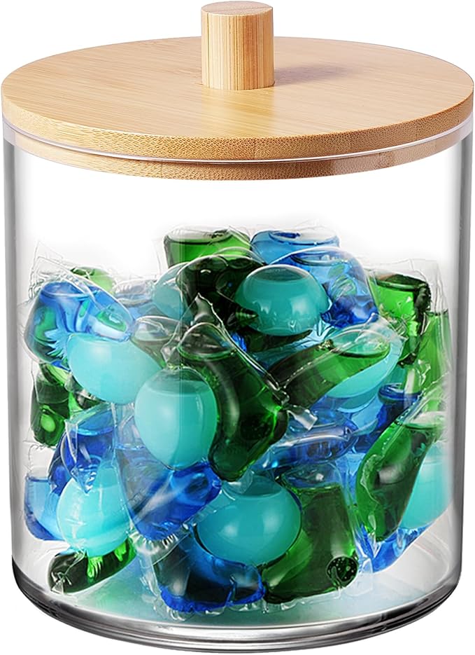 SheeChung 1 Pack 50oz Large Apothecary Jar with Natural Bamboo Lid - Shatterproof Laundry Pods Container for Laundry- Clear Plastic Storage Canister for Scent Beads & Bath Salts with Labels & Spoon