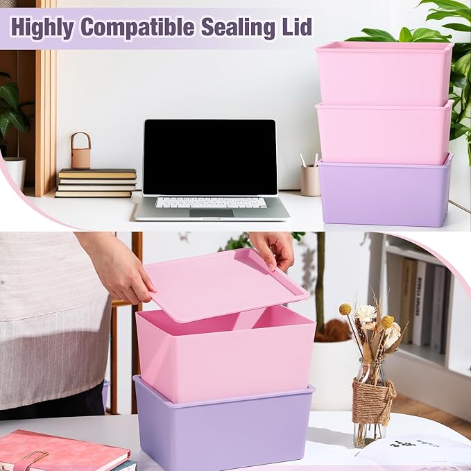 Menkxi 6 Pcs Storage Bins with Lids Small Plastic Storage Containers Stackable Storing Baskets Box Cute Organizer Bins for Organizing Shelves (Pink,Purple)