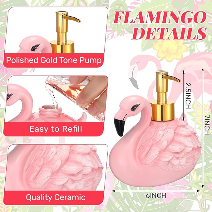 4 Pcs Flamingo Soap Dispenser Bathroom Accessories Soap Dispenser Lotion Pump and Flamingo Hand Towels with Gift Box Set for Home Bath Kitchen Decoration