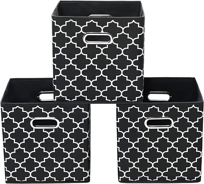 11 Inch Cube Storage Bins , Fabric Cube Organizer Bins with Handle, Foldable Cube Bins for Cloth or Accessary Storage, 11x11x11 Set of 3 (Black Light)
