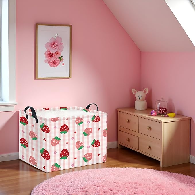 Rectangular Kids Storage Basket Boys for Home Kitchen Girls Cute Storage Bin Organizer Shelf Book Room Decor(Stawberry)