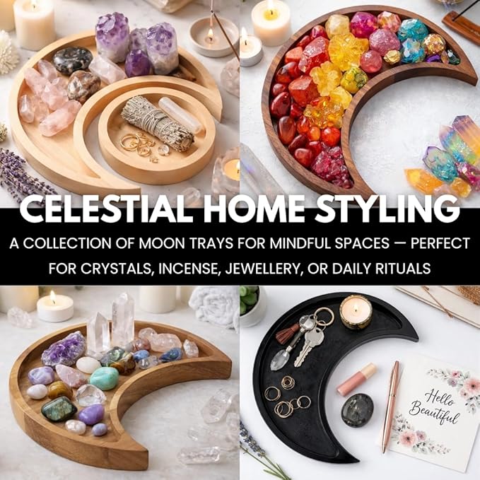 Acacia Wood Moon Crystal Display Tray - Natural Wooden Altar Tray 10.5" x 5" for Crystals and Stones Storage - Solid Wood Jewelry Organizer Dish - Boho Bedroom Decor