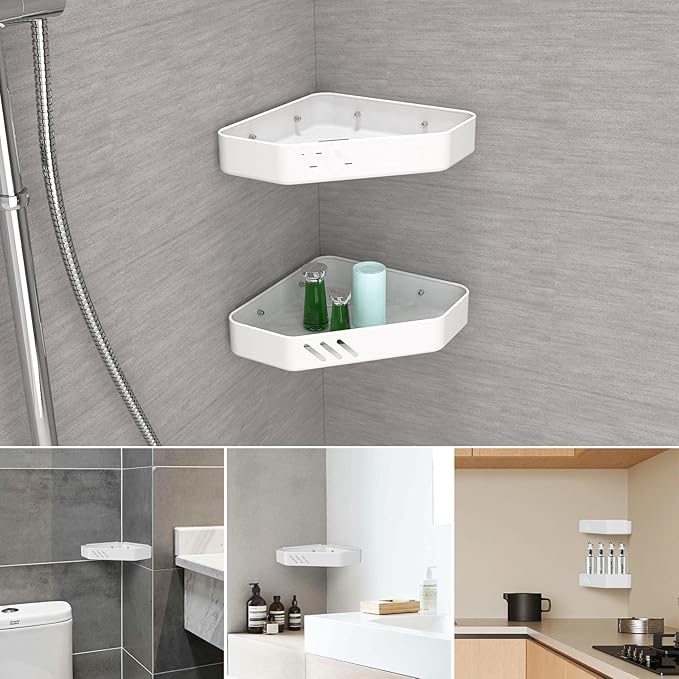 Ibergrif M34034W Bathroom Corner Shelf, Shower Caddy Corner, Bathroom Storage Shower Organizers, Self Adhesive or Wall Mounted, 2 Pack White