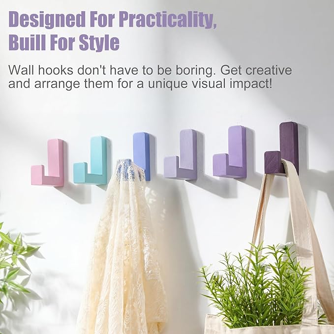 6 Pack Cute Kids Coat Wall Hooks Wooden Adhesive Decorative Colorful Wall Mounted Hangers Backpack Hooks for Hanging Keys Towel Clothes Bathroom Organization (Purple)