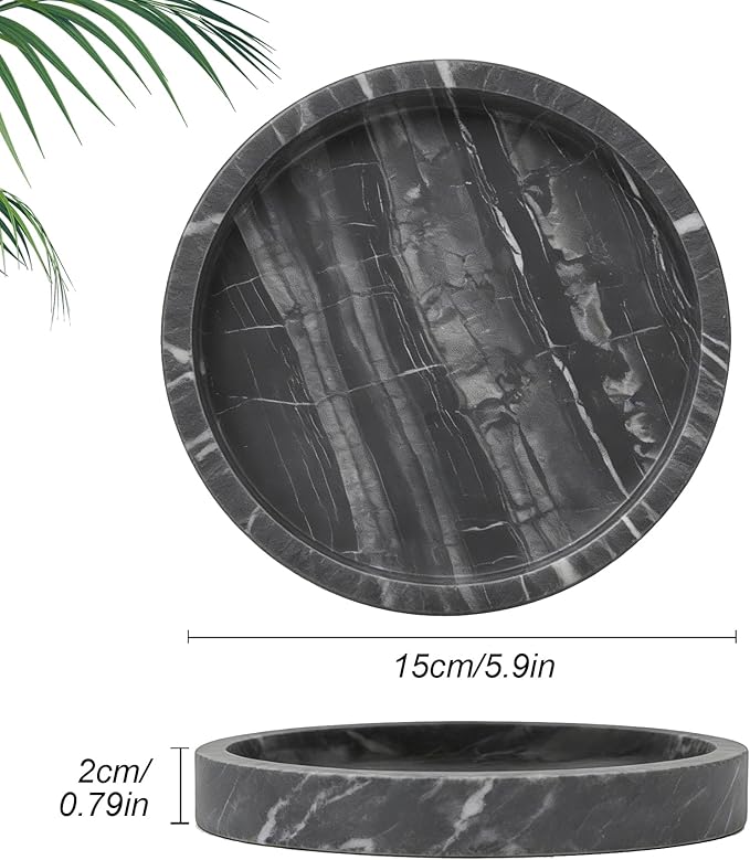 Natural Marble Tray, Round Black Tray for Bedroom/Bathroom/Kitchen/Vanity Countertop, Jewelry Tray for Rings Earrings Necklace Bracelet Watch, Room Decor Aesthetic