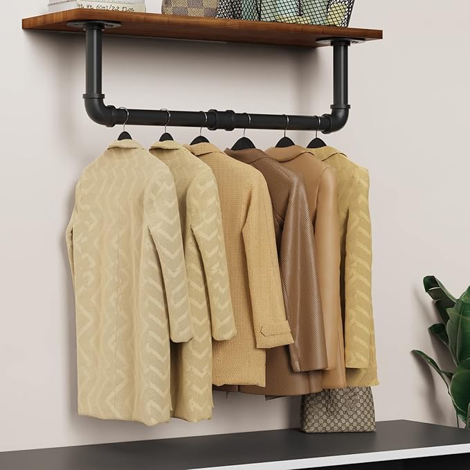 Wall Mounted Clothes Rack 24in, Industrial Pipe Wall Mount Clothing Rack, Heavy Duty Iron Garment Racks, Space Saver Multi-purpose Hanging Rod for Laundry Room, Closet Storage, 2 Packs
