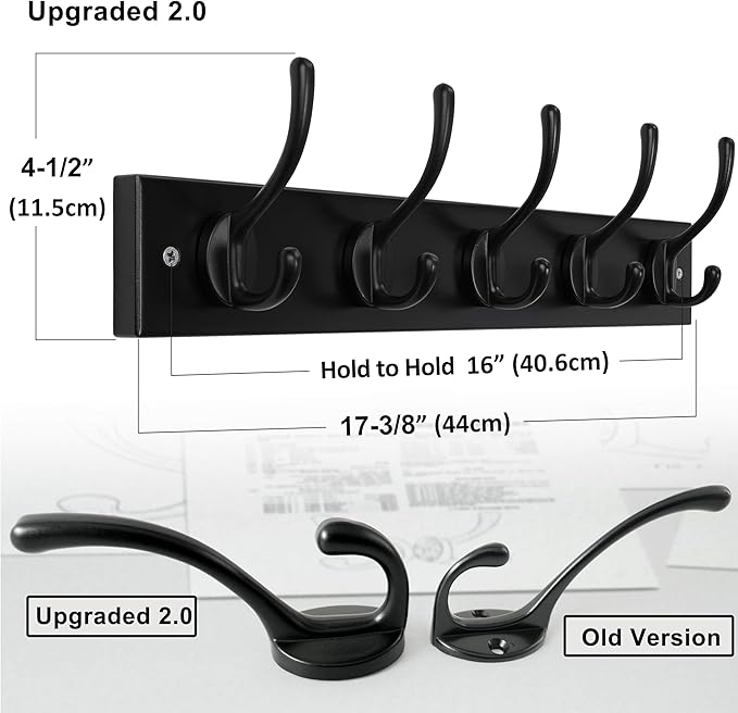 Dseap Wall Mounted Coat Rack: 16" Hole to Hole, Coat Hook Hanger with 5 Metal Hooks for Hanging Coats Towels Hats Clothes, Black, 2 Packs