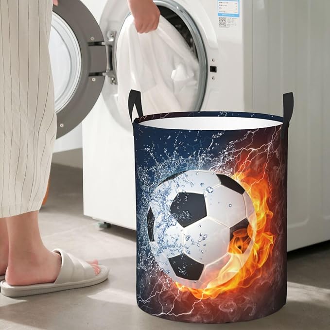 Soccer Ball In Fire And Water Round Laundry Hamper Sport Football Storage Basket Toys Clothes Organizer Bin For Home Bathroom Bedroom Dorm Nursery, 38l