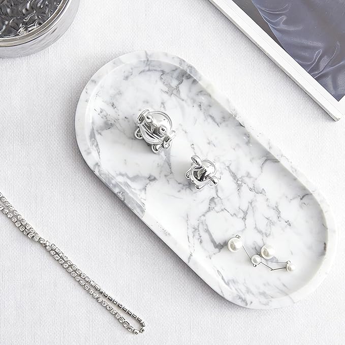 Natural Marble Tray, White Stone Tray, Vanity Decorative Tray for Countertop, Catchall for Perfume, Candles, Skincare, Jewelry Dish, Bathroom Tray, Hotel Supplies