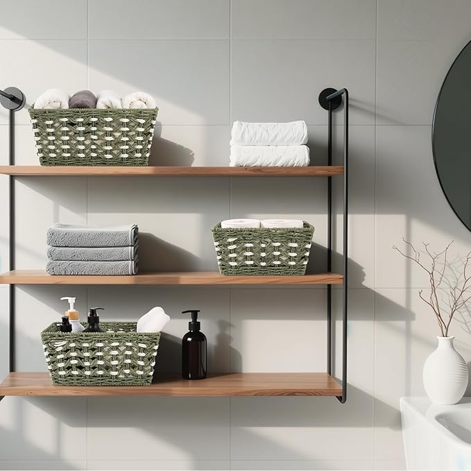 OIAHOMY Wicker Storage Baskets, Paper Rope Shelf Bins, Decortive Baskets for Organizing, Set of 3-Green & White