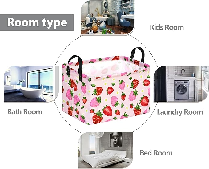 Strawberry Print Storage Box Girls Gifts Basket Clothes Hamper Basket Collapsible Organizer Bin Gift Shelf Baskets for Home and Kitchen Storage.