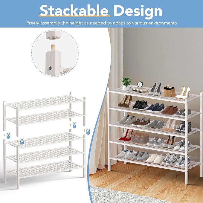 Haddockway Long 3 Tier Bamboo Shoe Rack Storage Organizer,Multifunctional Free Standing Stackable Shoe Shelf with Grid Panel for Closet,Hallway,Entryway,Small Space 34.2"x11"x20"