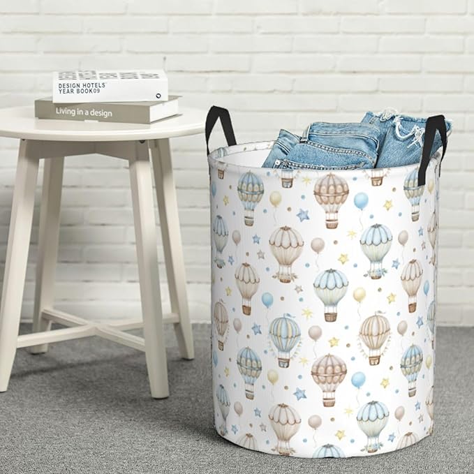 Watercolor Hot Air Balloon Round Laundry Hamper Storage Basket Toys Clothes Organizer Bin For Home Bathroom Bedroom Dorm Nursery, 62l