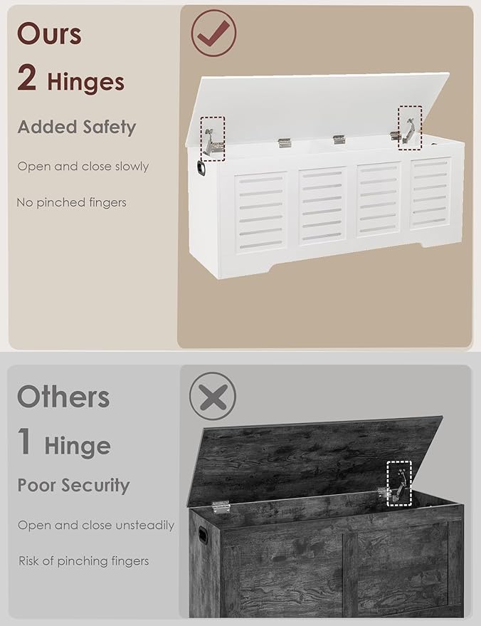 DINZI LVJ Storage Chest, 47.3â Wooden Toy Box with 2 Safety Hinges, Retro Entryway Shoe Storage Bench with Flip-Top, Sturdy Large Storage Trunk for Living Room, Bedroom, Easy Assembly, White