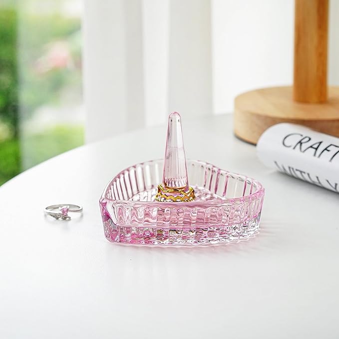 kanpura Crystal Pink Ring Holder Heart Shaped Ring Holder Dish, Jewelry Trinket Tray Wedding Birthday Christmas Gift for Women