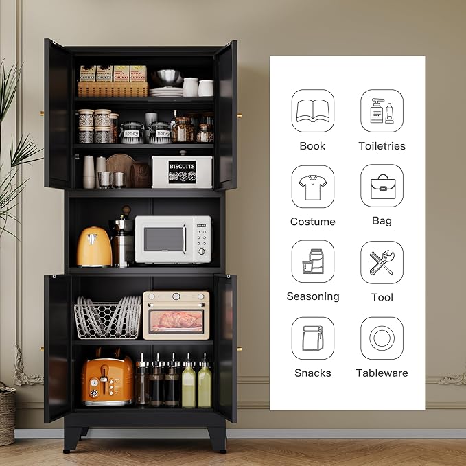 69" Tall Metal Pantry Cabinet with Microwave Shelf,Microwave Storage Cabinet with 4 Doors & 3 Adjustable Shelves,Metal Cabinet with Storage for Kitchen Dining Room Living Room(1PC,Black)