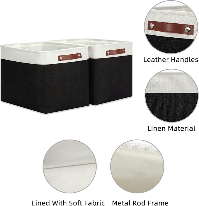 HNZIGE Decorative Organizer Baskets for Shelves 16"×11.8"×11.8" Large Storage Bins with Leather Handles (2 Pack) Foldable Storage Basket for Storage Bedroom, Balcony, Home, Laundry (Black&White)