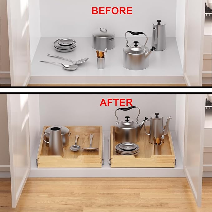 Wood Pull Out Cabinet Organizer 20" W x 21" D, Heavy-Duty Sliding Drawers for Inside Cabinets Storage and Organization for Kitchen, Pantry, Bathroom