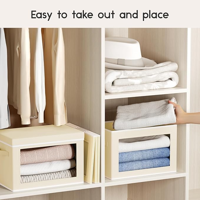 Collapsible Storage Bins with Lids - Stackable Storage Containers with Window, 6 Pack Fabric Organizing Bins for Closet, Home & Office Organization Baskets, Beige, 14.9" x 9.8" x 9.8"