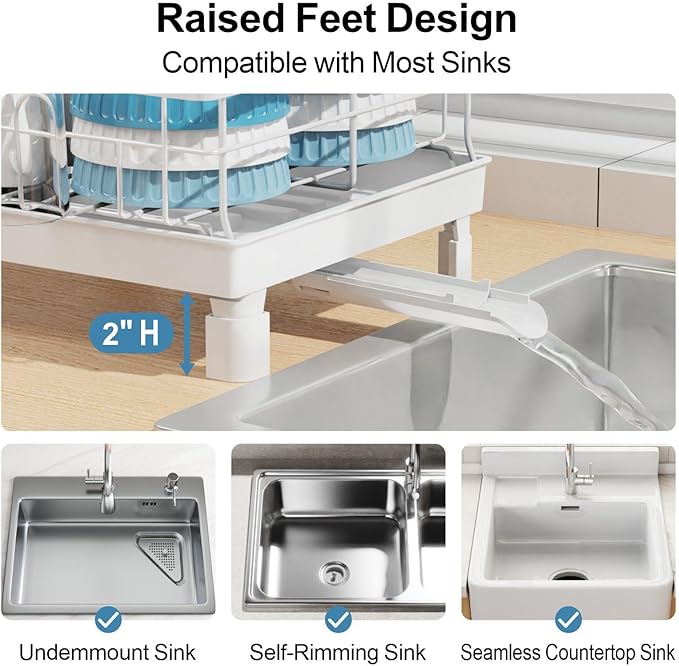 GSlife Expandable Dish Drying Rack for Kitchen Counter - Compact Rust-Resistant Dish Racks with and Cup Holder for Small Apartment, 12.2" W x 12"-20.5" L, White