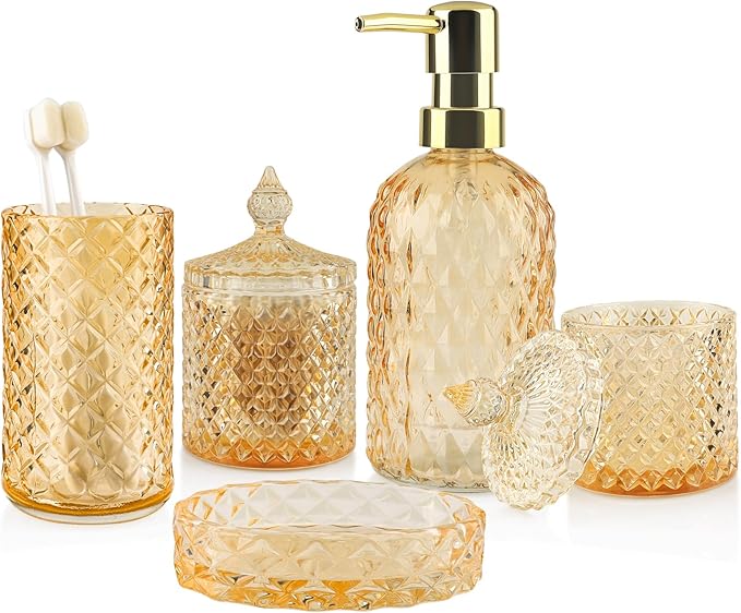 5Pcs Clear Gold Bathroom Accessories Set,Glass Bathroom Accessory Set, Bathroom Counter Sink Toothbrush Holder Set Includes Hand/Lotion Soap Dispenser & Tumbler & Soap Dish & Qtip Holders