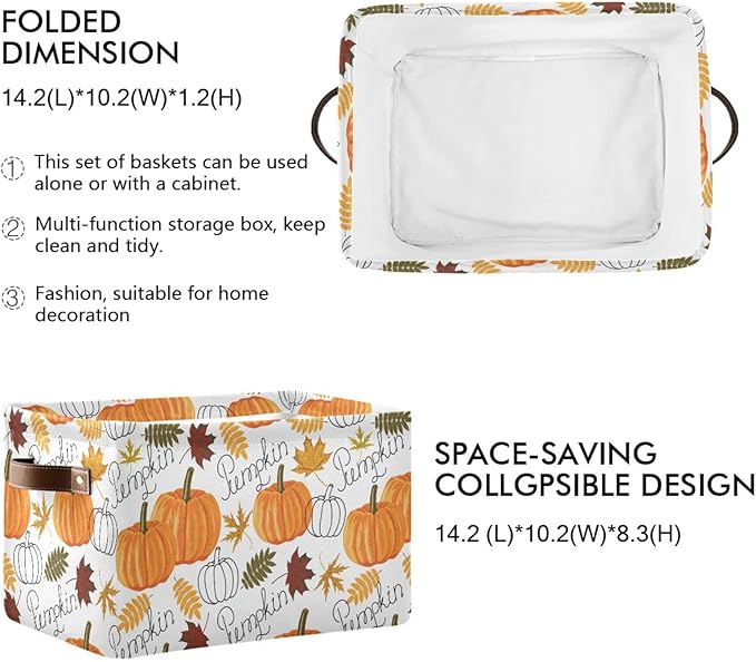 Bolaz Large Storage Basket Pumpkin Leaf Fall Autumn Foldable Storage Box Organizer Bins with Handles for Bedroom Home Office