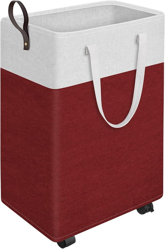 HomeHacks 90L Large - Capacity Rolling Laundry Basket, Laundry Hamper with 4 Smooth Wheels, Collapsible Waterproof Clothes Basket, Freestanding Hamper with Handles for Bedroom/Dorm/Laundry Room (Red)