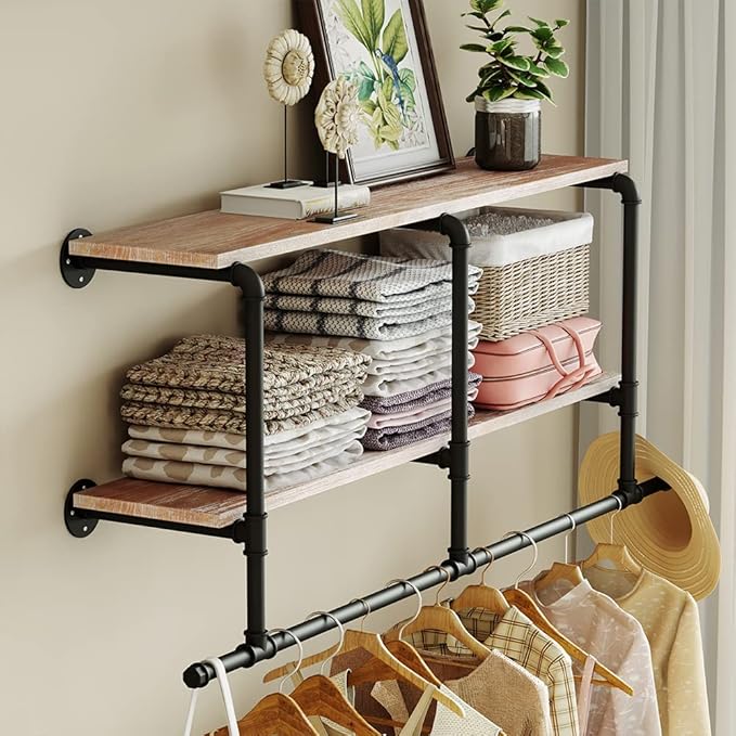 MAIKAILUN Industrial Pipe Clothes Rack with Wood Shelf, 52" Long Wall Mounted Clothing Rack with Hanging Rod for Laundry Room, Heavy Duty Pipe Shelves, Closet Storage, Retail Boutique Display