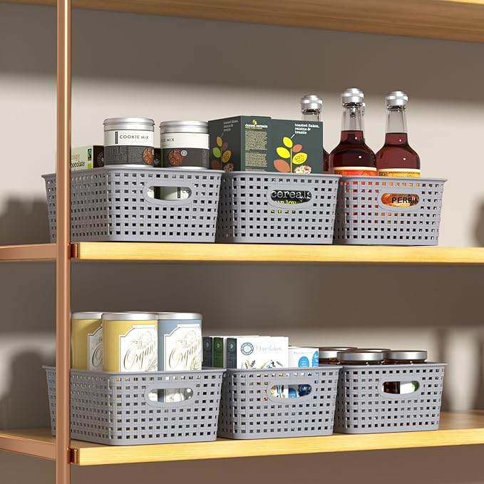 6-Pack Plastic Storage Baskets, Woven Plastic Open Storage Bin, Grey Basket for Organizing, 10.3" x 7.48" x 4.09"