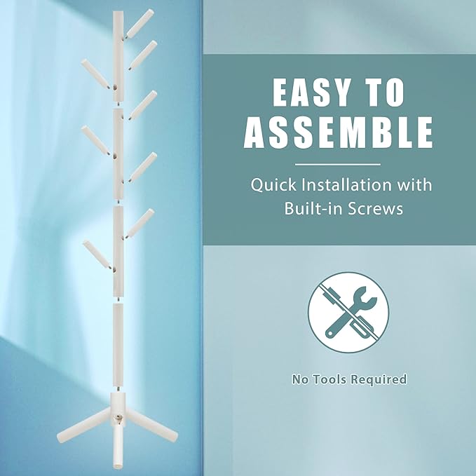 Haddockway Wooden Coat Rack Stand with 8 Hooks New Zealand Pine 3 Adjustable Coat Standing Tree Easy Assembly for Coats, Hats, Scarves and Handbags for Entryway, Hallway, Bedroom, Office,2 PCS