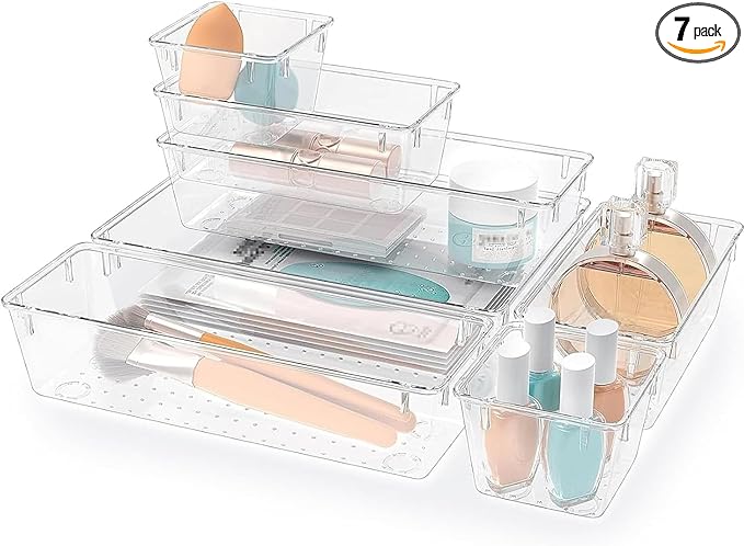 Acrylic 7PCS Storage Drawer Organizer Set, Stackable Organizer Trays for Bathroom Drawers, Cosmetics, Office Supplies, Kitchen Utensils & Gadgets