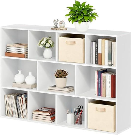 Whitmor 11 Cube Storage Organizer, 4 Tier Stackable Bookcase, Open Storage Display Bookshelf, Storage Cabinet for Living Room, Bedroom, Home, Office, 29.1" L x 9.4" W x 41.7" H, White