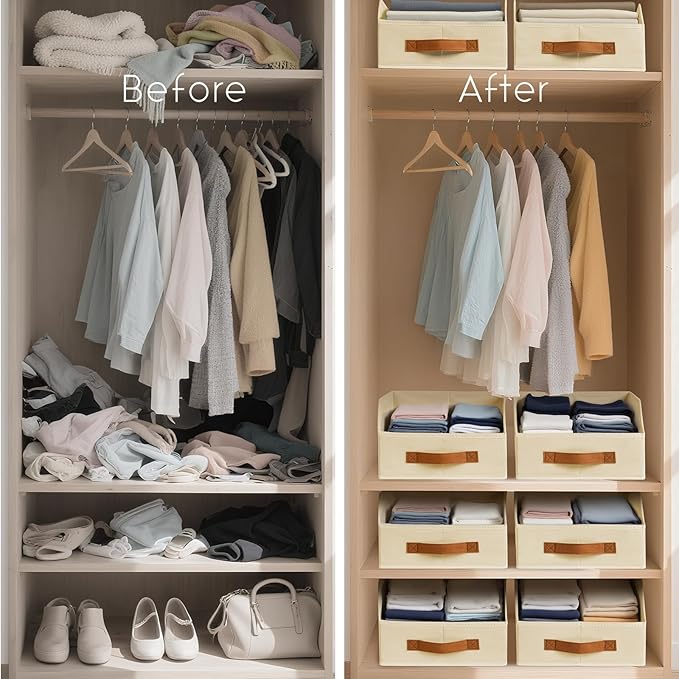 Fabric Storage Bins for Organizing - 6 Pack Large Trapezoid Collapsible Storage Bins with Front Handle, Closet Organizers and Storage for Bedroom, Home Shelves, Small Spaces, Beige