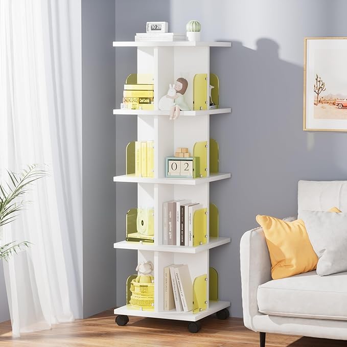 VECELO 4 Tier Rotating Bookshelf, 360Â°Corner Display Shelf with Wheels, Book Storage with Acrylic Windows, Wood Narrow Book Shelf Organizer for Small Space, Bedroom, White