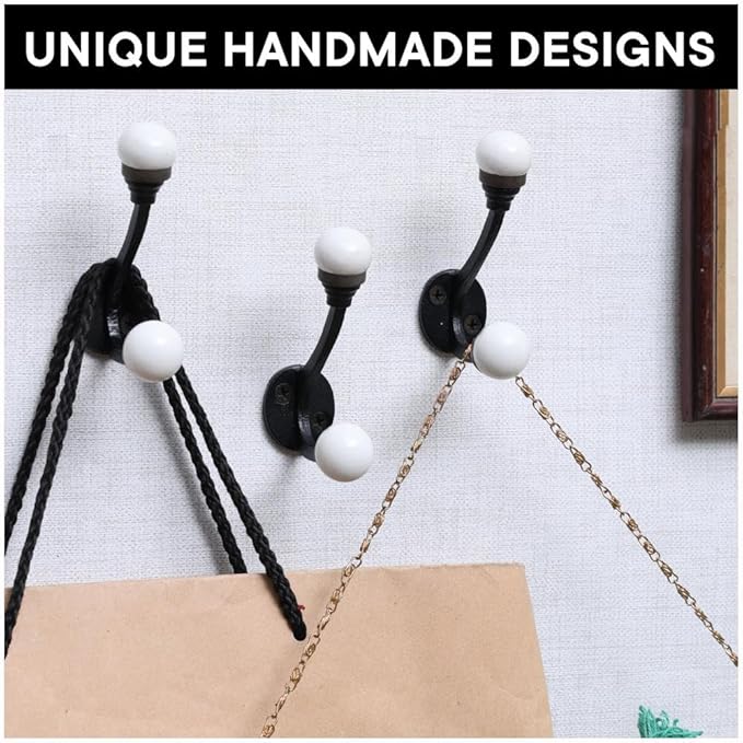 Indian Shelf Pack of 6 Double Prong White Decorative Coat Hooks Unique Coat Rack Wall Mount Ceramic Wall Hooks for Hanging Towel Holder Backpack Purse Hanger- Style 2