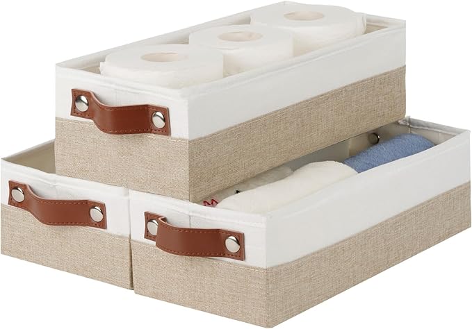 HNZIGE Toilet Paper Baskets for Storage, 13"x 5.9"x3.9" Narrow Storage Bins Baskets with Leather Handles for Organizing Closet and Shelf,Bedrooms, Living Rooms, White&Khaki-3 Pack