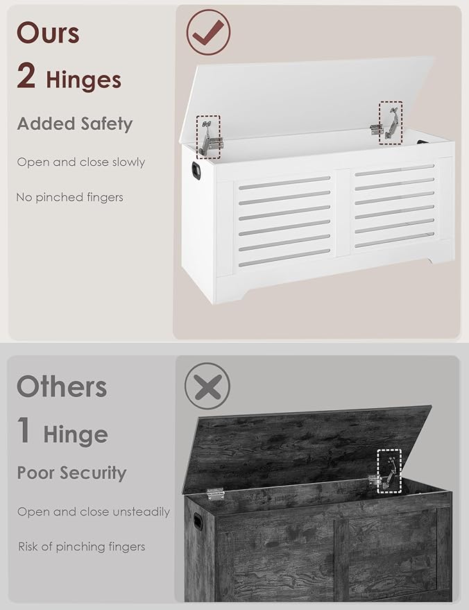 DINZI LVJ Storage Chest, 43.3â Wooden Toy Box with 2 Safety Hinges, Retro Entryway Shoe Storage Bench with Flip-Top, Sturdy Large Storage Trunk for Living Room, Bedroom, Easy Assembly, White