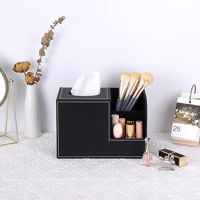Sumnacon Square Leather Tissue Box Cover - Decorative Cube Tissue Box Holder with Side Organizer, Modern Tissue Box for Living Room Vanity Night Stand Table Countertop Office, Black