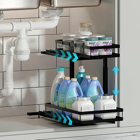 2 Pack Under Sink Organizers and Storage, Heavy Duty Metal Pull Out Cabinet Organizer with Ball-Bearing Slides, Height Adjustable L-Shaped Shelf for Kitchen & Bathroom (1-Pack)