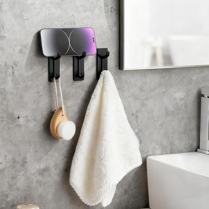Modern Wall Mounted Coat Hooks, Black, 4-Pack, Heavy Duty Non-Perforated Design for Kitchen and Bathroom