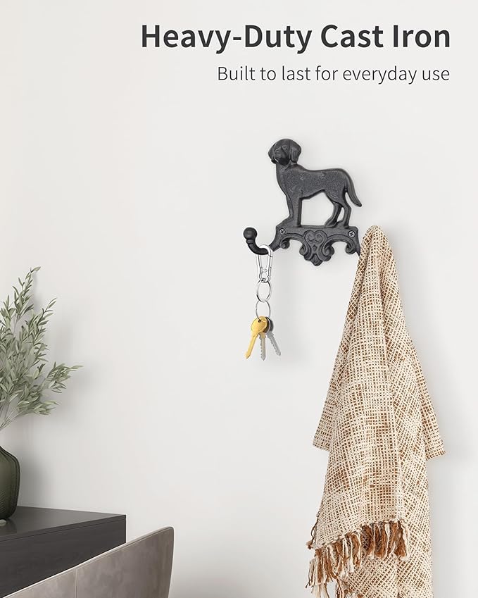 Cast Iron Dog Wall Hooks for Hanging, Heavy Duty Dog Leash Holder for Wall Mount Coat Hooks Decorative Key Hanger Vintage Farmhouse Entryway Cute Animal Decor Rustic Black 2 Pack
