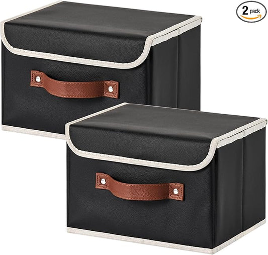 2PCS Storage Bins Box with Lids Decorative PU Leather Fabric Baskets Cubes with Handles PP Plastic Board Foldable Washable Lidded Clothing Shelf Closet Organizer Container (Black, Small)