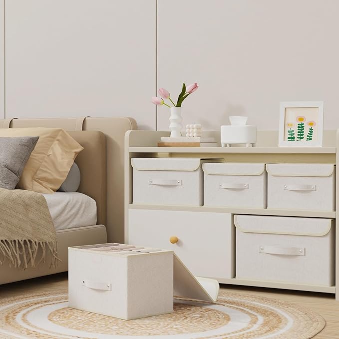 Fabric Storage Bins Cube Organizers with Flip-Top Lid and Handles,Storage Boxes for Organizing Home,Office,and Closet,Beige,3 Pack 13X9.1X7.9 in